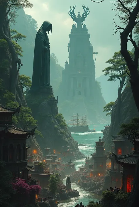 a dark port city with thriving commerce and twisting walls. A pine forest mingles with a forest of twisted trees surrounding the city. On the coast of the city, near the ships there are religious monuments such as an immense copper basilisk. A reaper god a...