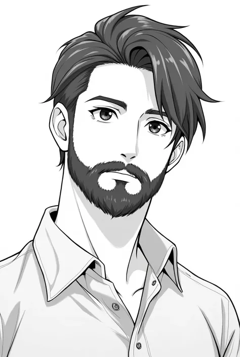 Black and white illustration of a realistic anime style male character with a beard and mustache, portrayed from the top of the head to the torso, with white background, wearing modern clothes.