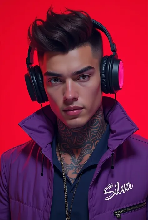 White skin male character
, YouTube style, black cut hair, brown eye, with headphones on ,neck tattoo, purple jacket with name "Silva" red gamer background.