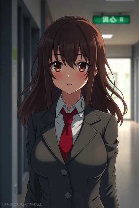 My Hero Academia Capture, beautiful woman with dark skin, brown hair, , brown eyes, long eyelashes, round nose, blushing expression, wearing uniform grey coat red tie school hallway in background