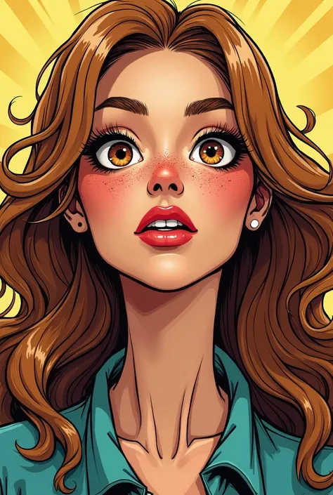 woman with long wavy honey type light brown hair, round type face, thin lips, brown and round eyes, SPLASHED NOSE, bushy eyebrows, long eyelashes with cheeks, comic design, marvel type