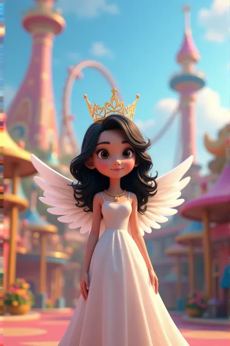 Create Disney Pixar 3D Scenery Scenery is an Amusement Park, character is one with angel wings , dressed in a white dress and a crown on her head, fair skinned and wavy black hair