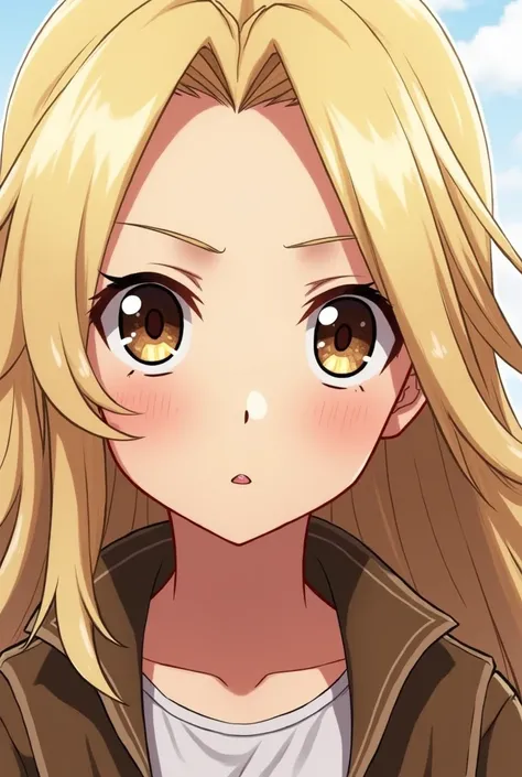 Blonde teenage girl from anime Attack on titan with long hair. Brown eyes and rosy cheeks, that shows confidence.