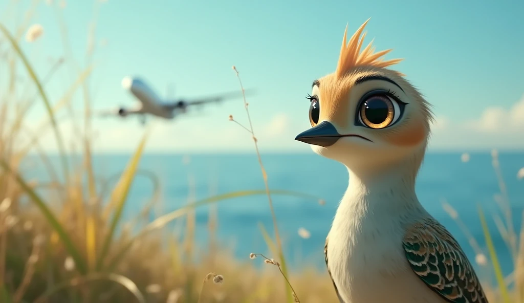 A close-up of Momi the bird’s eyes, reflecting the sky and distant plane. His gaze is fixed and filled with wonder, capturing the moment when he first becomes fascinated by human innovations. The scene is intimate, focusing on his curiosity and the calm en...