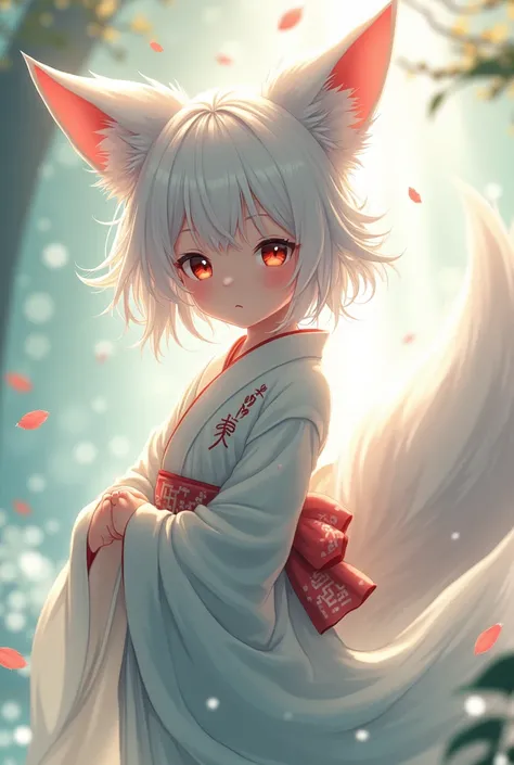 kitsune anime girl with white hair and kimono