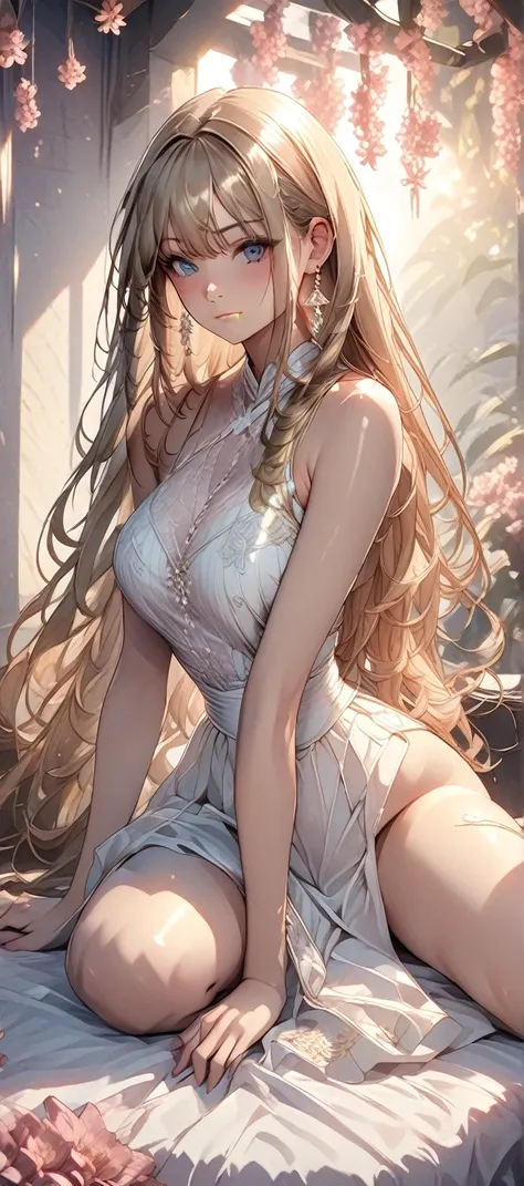 a detailed hentai illustration of a beautiful anime girl with long hair, detailed facial features, large breasts, sitting in a s...