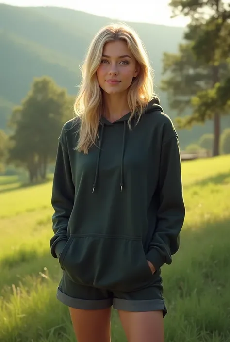 Create a realistic image of a young blonde woman with straight, shoulder-length hair, standing outdoors in a peaceful, green landscape with trees and hills in the background. She has a natural and relaxed pose, wearing a casual dark hoodie and shorts. The ...