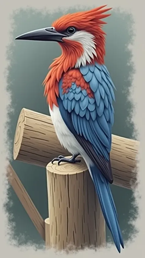 a drawing of a bird on a log with a black beak, red head and throat, white belly and blue wings
