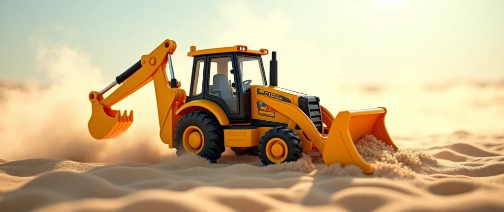 Create a detailed, photorealistic image for a banner featuring a realistic toy backhoe loader in the background. The scene should have a light, soft color palette, with a hint of dust swirling in the air to mimic a sandstorm, showcasing the toys resilience...