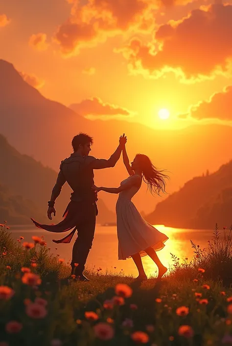 The protagonist and Weena dancing under the soft light of the sunset, with a feeling of relief and joy.