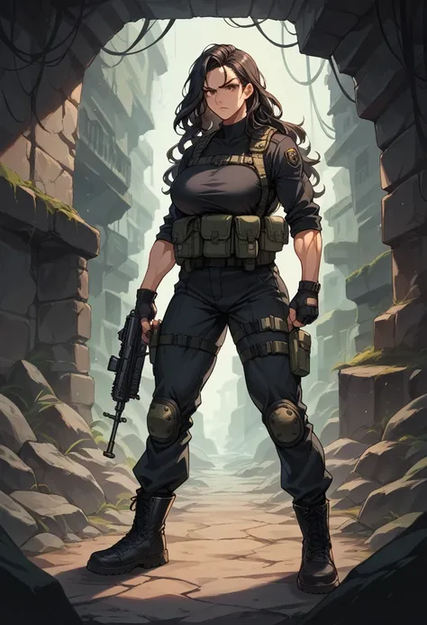 Muscular Female, Perfect Proportions, Muscular Legs, 2 Meters tall, Large Breasts, Long Hair, Flowing Hair, Parted Right Hair, Dark Hair, Brown Eyes, Black fatigues top, black tactical harness,Fingerless Gloves, Tactical Belt, Black fatigue bottoms, Holste...