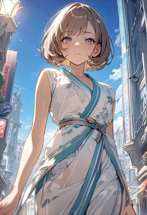 Anime Style, (Best Quality, 16k, masterpiece: 1.3)), 1 girl, Sharp focus: 1.2, Beautiful woman with perfect figure: 1.4, Slim Abs: 1.2, (((Short Bob Hair)), ((small: 1.4)), ((Beautiful Face Idol: 1.3)), (Transparent kimono 1.5)), Highly detailed face and s...