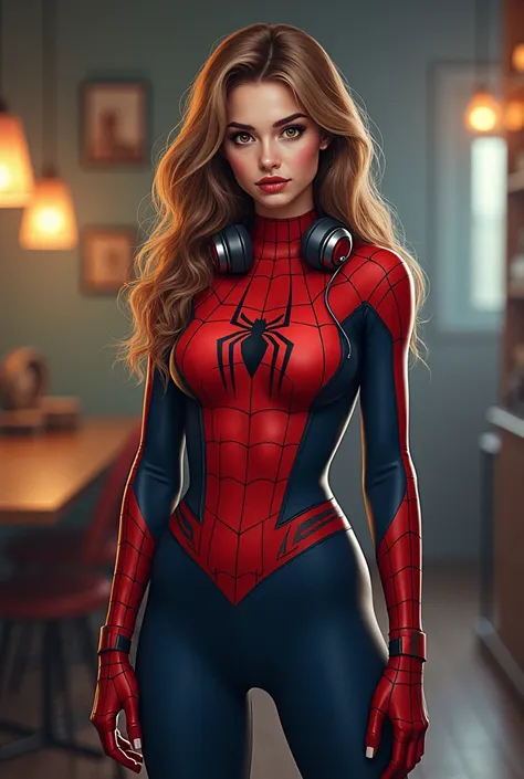 woman with long wavy honey type light brown hair, round type face, thin lips, brown and round eyes, SPLASHED NOSE, bushy eyebrows, long eyelashes with cheeks, pear shaped body, white skin with spiderman suit in a room with headphones comic design marvel ty...