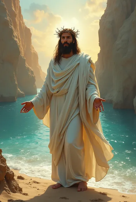 Almighty Christ with a crown of thorns in a fantastic landscape, half sea and half desert