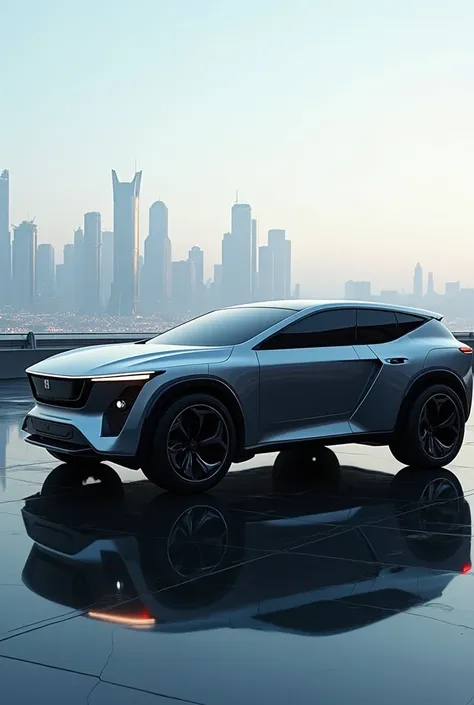 Side view of a futuristic electric suv inspired by the Marvel saga, it incorporates Alien technology, the windows are flush