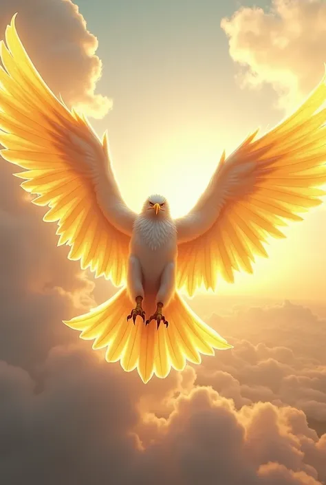 A wild white-furred eagle with flaming golden wings