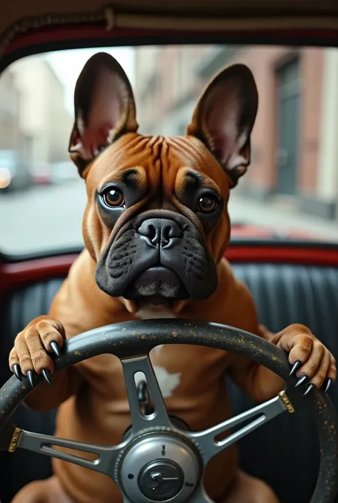 Create a picture of a French bulldog with brown fur driving a car 