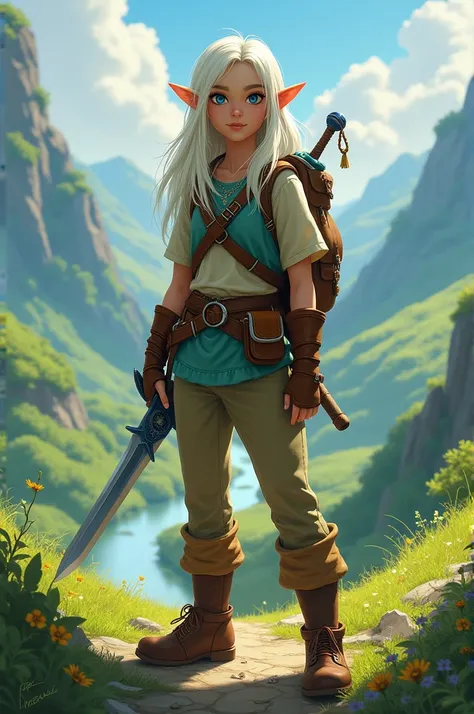 Create a girl with long white hair and deep blue eyes, with adventure clothing and in the style of the Zelda video game