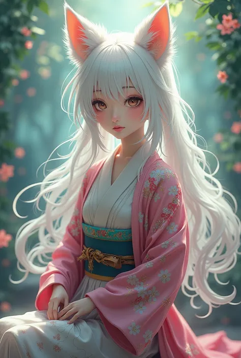 kitsune anime woman with white hair and kimono