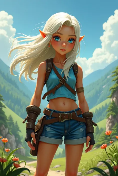 Create a girl with long white hair and deep blue eyes, with adventure clothing and in the style of the Zelda video game, put some shorts on him 