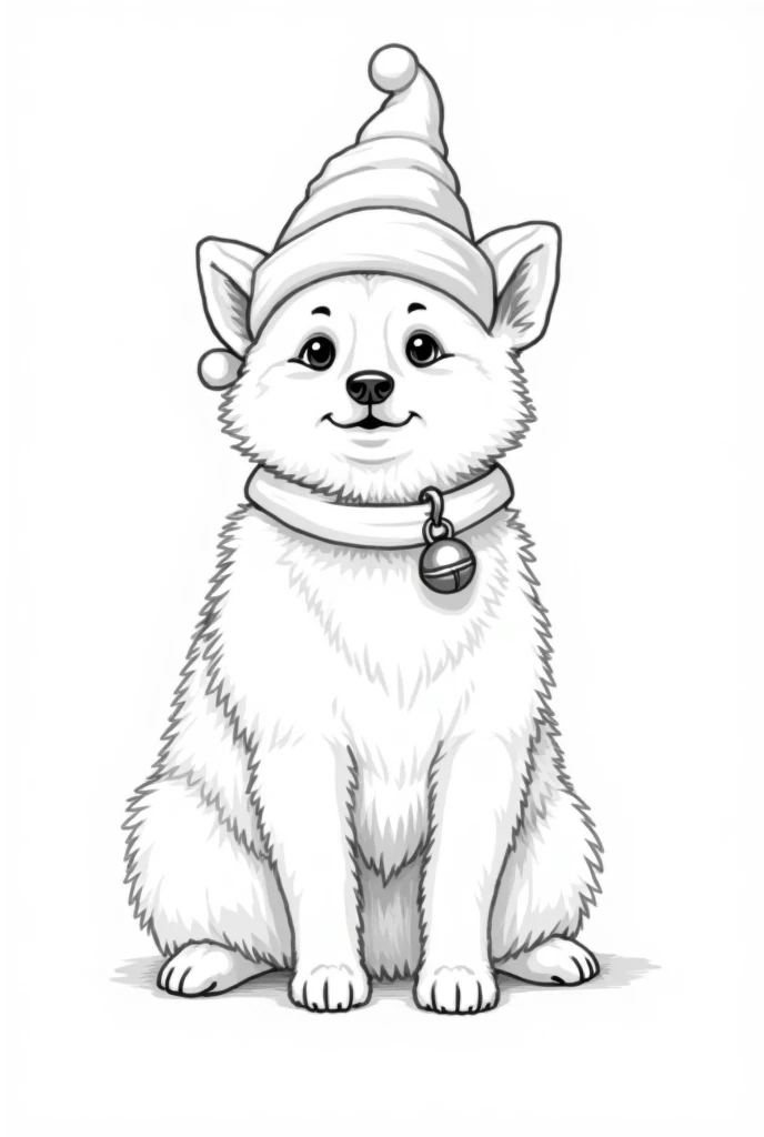 beautiful shiba with big eyes as Christmas elf pointed hat and bell on collar in Peaky Blinders style as coloring picture in black and white