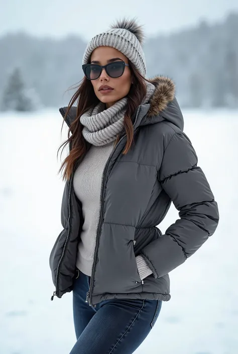 Beautiful woman, athletic mid-sized body, sunglasses, winter clothes, puffer jacket, scarf, ear warmer, medium sized breast, fake tits, standing on a snowy plain, artistic, instagram, (((masterpiece))), ((best quality)), (((perfect anatomy, posing, body)))...