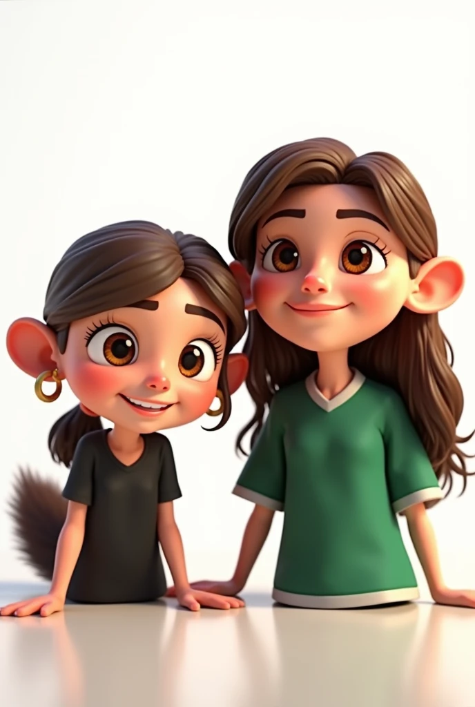 Disney Pixar 3D design. a brunette girl on the right with long hair, brown okos, smiling a little, looking at the camera. green jersey, Without earrings. On the left a girl with a tail, winking and mouth open. black top and one ear showing with a round ear...