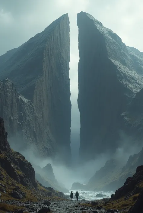 A huge mountain split in two, about to collapse