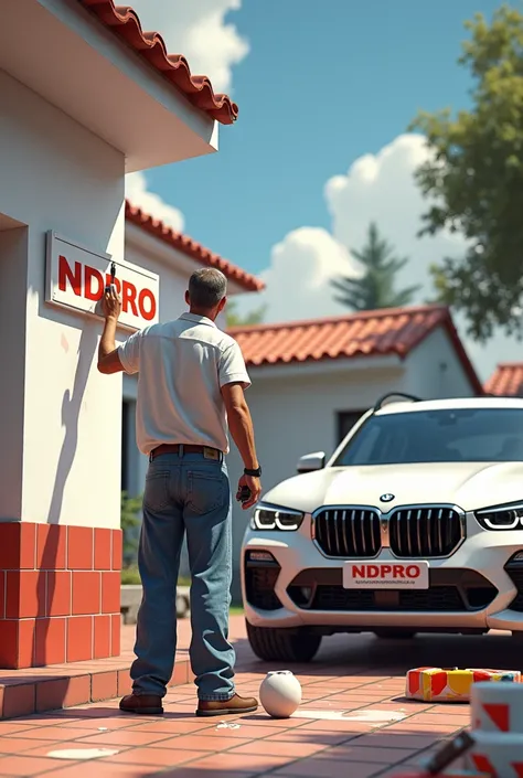 NDPRO societe peinture, entreprise familiale, batiment blanc petit avec des tuiles rouge. Un homme peint de dos un panneau avec ecris NDPRO, des pinceaux et des sauts de peinture au sol, peinture qui coule sur le sol, une voiture BMW X5 blanche avec ecrit ...