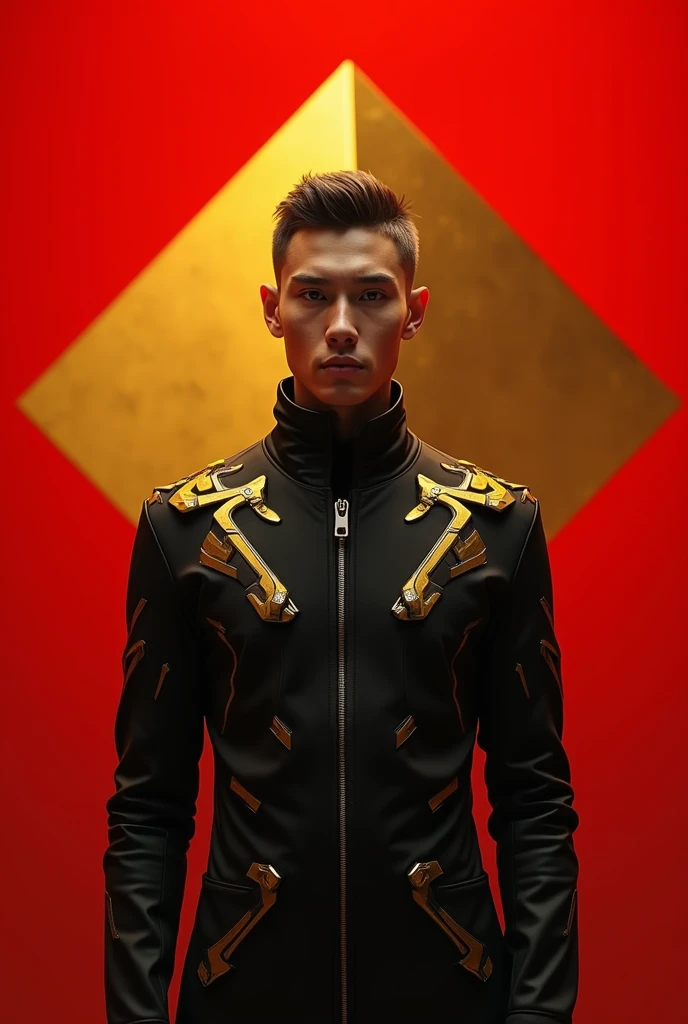 short hair man, futuristic black and gold clothes with golden and giant pyramid on a dark red background
