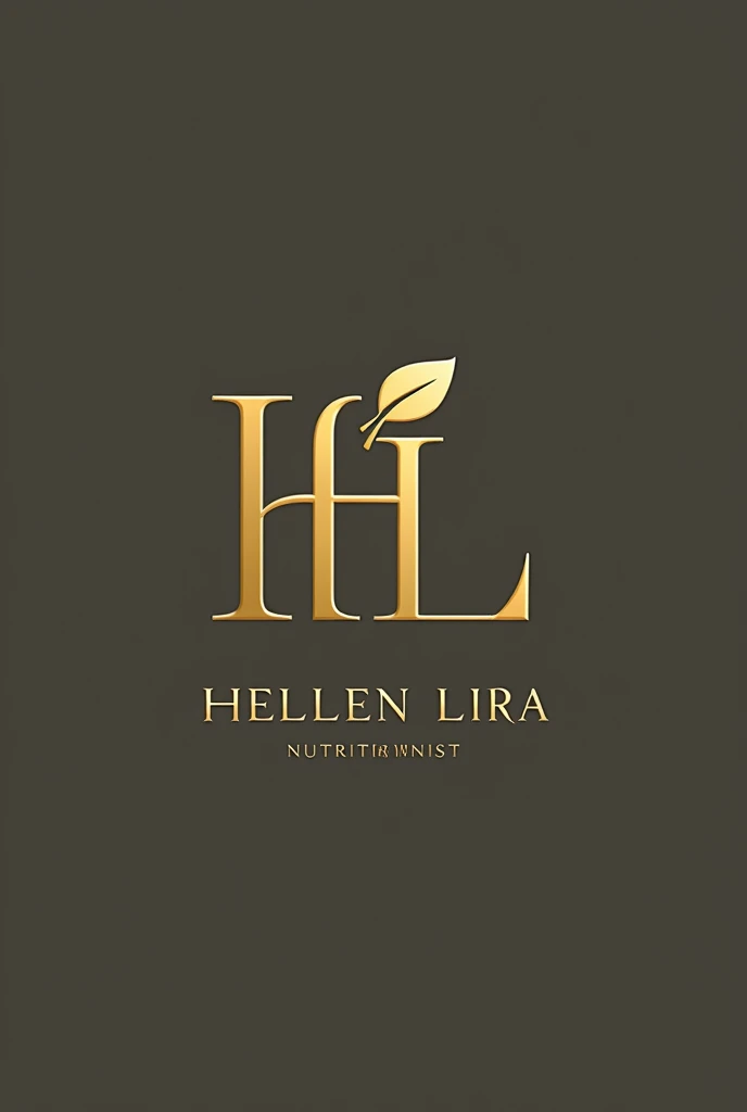 Create a logo with the letter H + an apple. Below, put “Hellen Lira” and below, put “Nutritionist” in Portuguese. All gold and elegant 