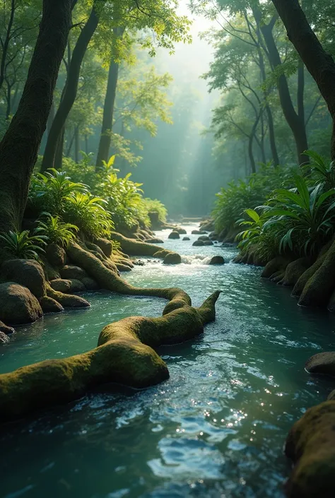 Create an image with natural elements that take on human characteristics to symbolize the connection between people and the environment.. You could create the image of an Amazonian river flowing in the shape of an outstretched human arm., as if nature itse...