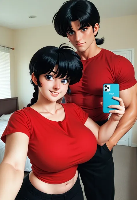 a couple selfie, hug, selfie, ranma girl and ranma boy in a selfie, ((Ranma Chan, redhead, huge breast, big ass, thick thighs, wide hips))(a couple selfie)((Ranma Saotome, male, handsome, abs, black pants, red shirt, black hair))(ranma girl and ranma male)