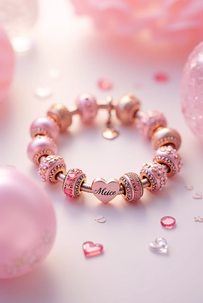 Pandora bracelet decorated in pink with the name Alice Moss