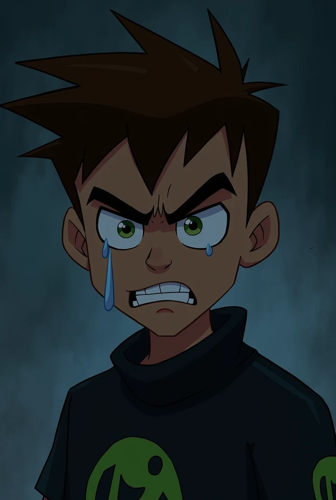 Create an image of Ben 10 from Omniverse angry and crying 