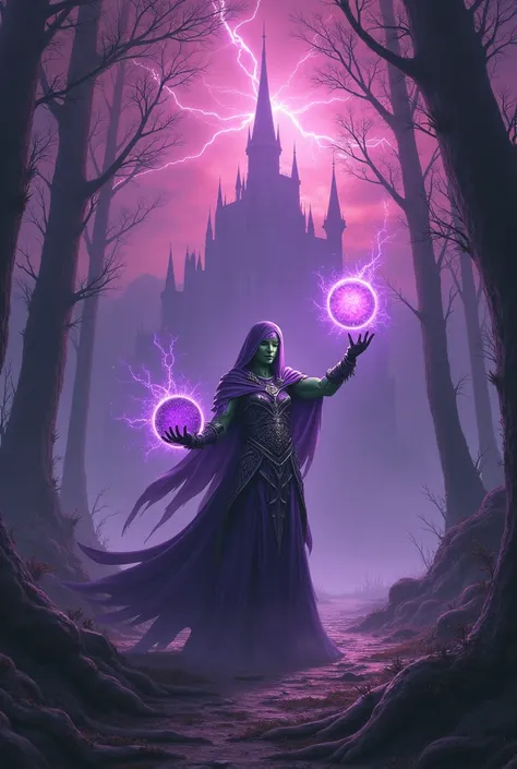 A dark purple forest with red sky and lightning and a green spirit in purple armor holding a flaming purple ball behind a giant castle