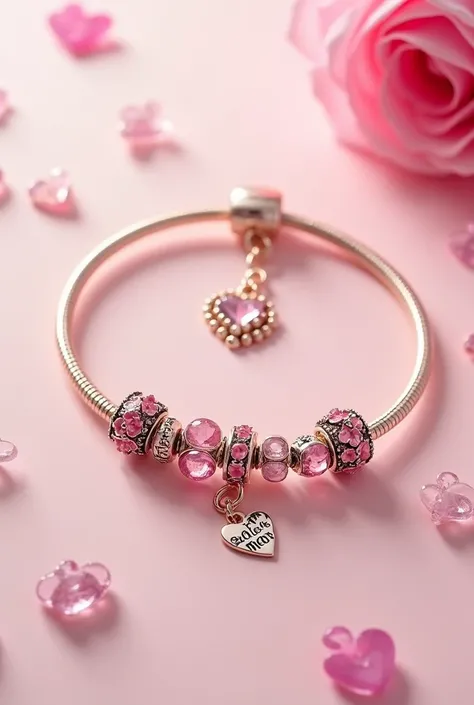 Pandora bracelet decorated in pink with the name Alice Moss