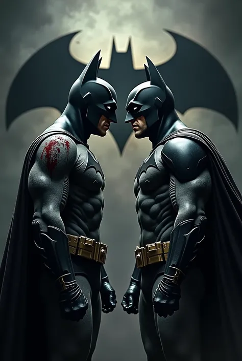 give me a picture of batman from behind who is looking up at another evil batman ready to fight, our good batman is a bit bruised shedding blood, black logo behind batman , the frame is a masterpiece. THey bot hare looking to each other