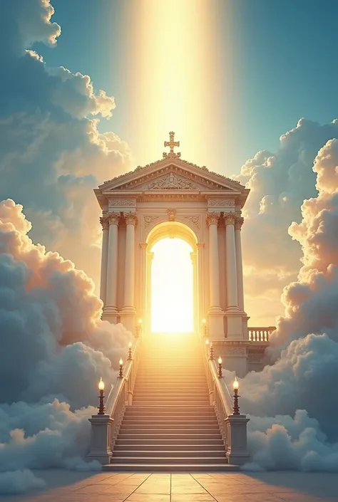 Generate illustrative image of a heavenly mansion, with stairs to the entrance. Ray of light and sun coming through the door. In the background of the image only clouds Colors: light blue and gold. 
Square format image 