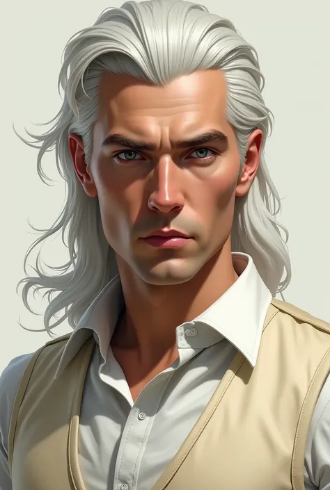 Warrior male potrait, White shirt, cream vest, slicked-back hair thats neither long nor short, white in color, with a Caucasian face