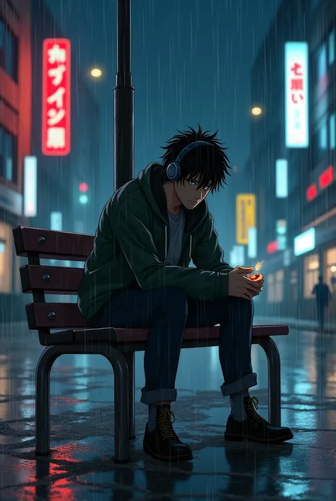 Sad guy in the rain with headphones smoking a cigarette and laughing in anime style  