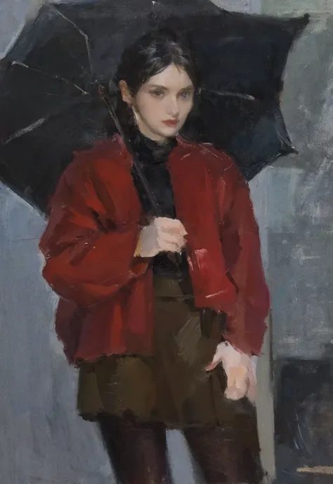 Girl with a black umbrella in her hand, in a wide jacket, with a low ponytail, in a skirt, in a black turtleneck, A picture, Painting, academy painting, Painting маслом прекрасная композиция
