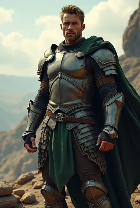 A strong man with light Brown hair and Green eyes. He wears Medieval armor. He Looks Like Chris hemsworth.