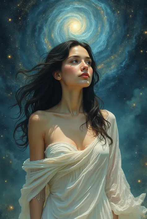 connection of universe and stars with drawing of woman with dark wavy hair with a mole on her left cheek and white dress