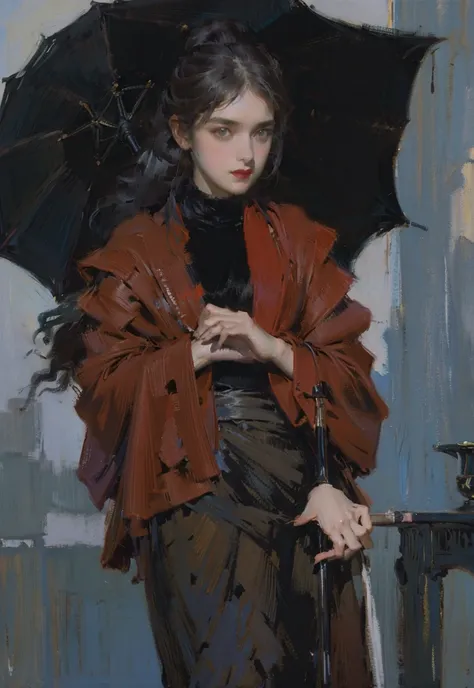 Girl with a black umbrella in her hand, in a wide jacket, with a low ponytail, in a skirt, in a black turtleneck, A picture, Painting, academy painting, Painting маслом прекрасная композиция
