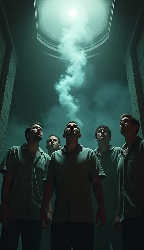  Five prisoners in a chamber and there is smoke coming out of the ceiling and they are looking at the ceiling in fear.