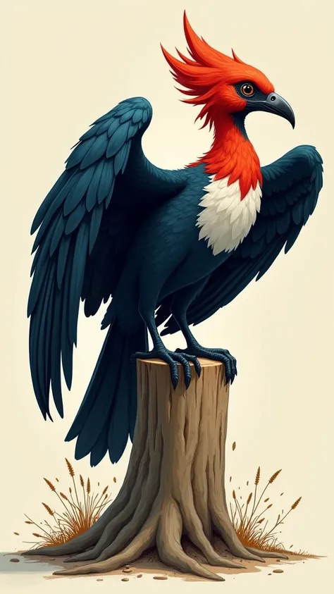 a drawing of a bird perched on a log with a black beak, red head and throat, white belly, dark blue wings in the shape of a man