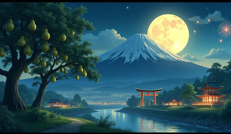 Dozens of pears on a green tree, in the shadow of a large yellow crescent moon, 3/4 of the size of the picture, at night, with a river view, twinkling lights, the atmosphere of a rural village in Japan, with Mt. Fuji, an ancient shrine, Todoroki Gate, and ...