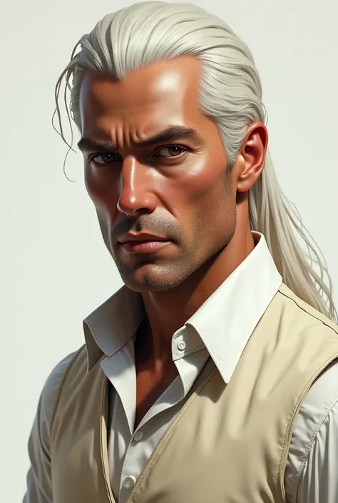 Warrior male potrait, White shirt, cream vest, slicked-back hair thats neither long nor short, white in color, with a Caucasian face