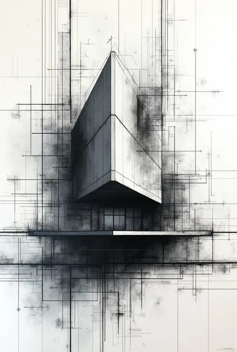 A very nice abstract painting in the shape of architectural plans of a building and black lines. 